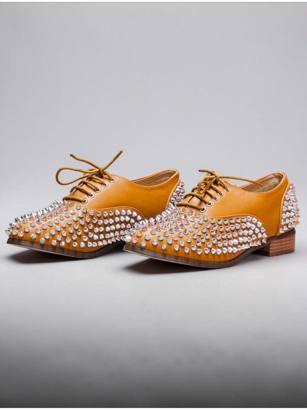Studded Tan Faux Leather Oxford Shoes With Silver Spikes Lace-Up Design Statemen
